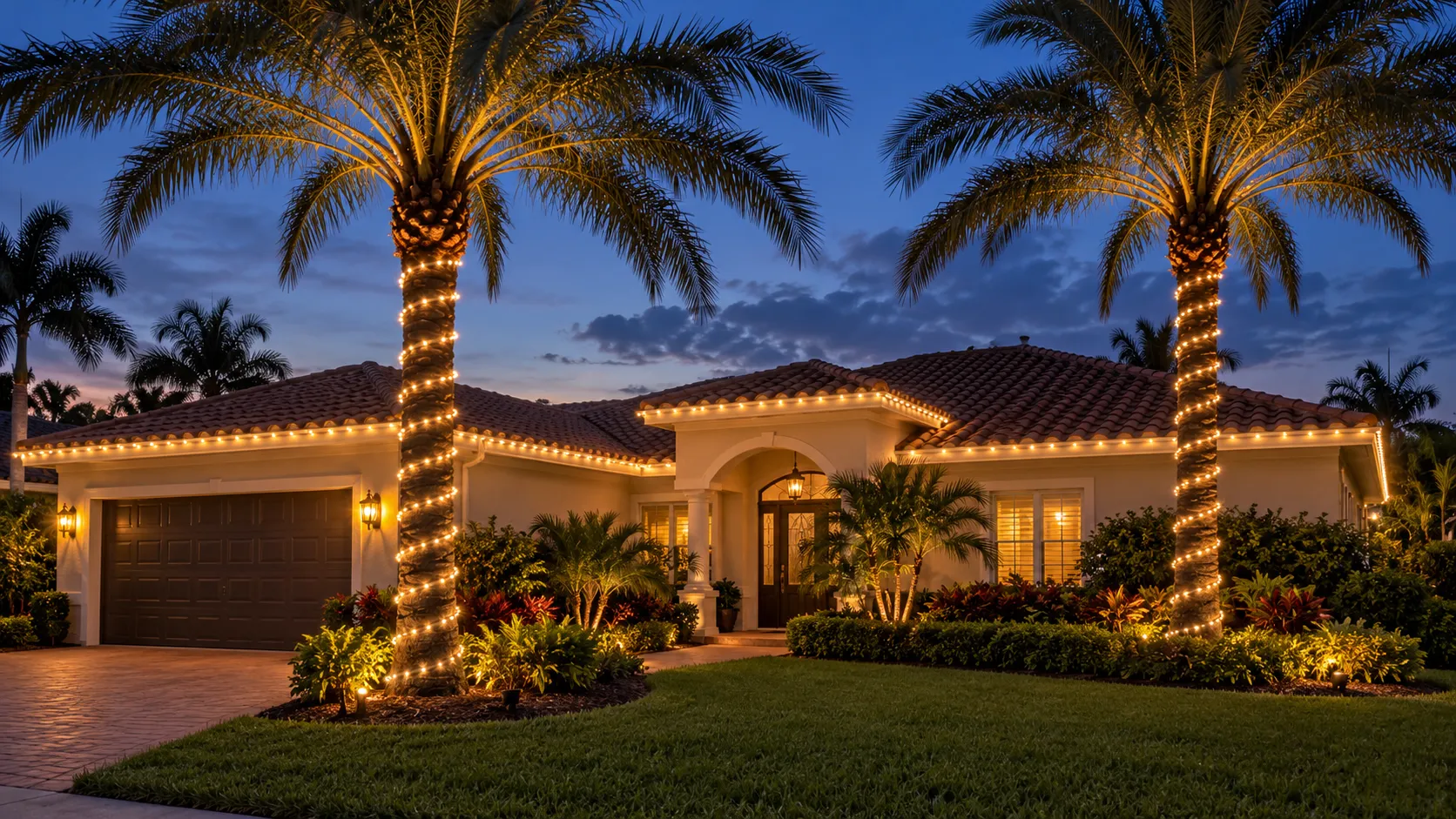 Palm tree trunks wrapped in warm white Christmas lights in front of a Florida home at dusk