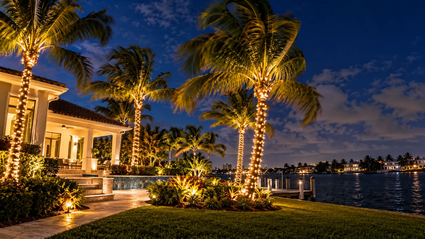 Lit palm trees moving in an evening breeze at a coastal Florida home