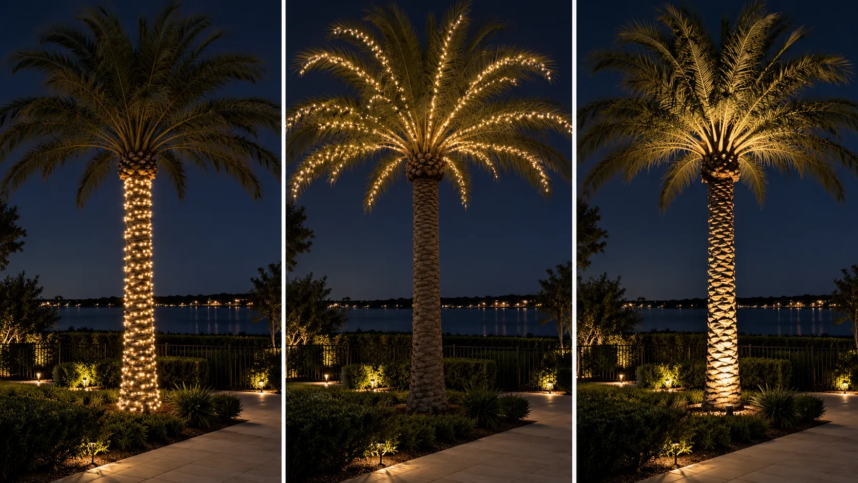 Three ways to light a palm tree: trunk wrap, canopy lights and ground uplighting